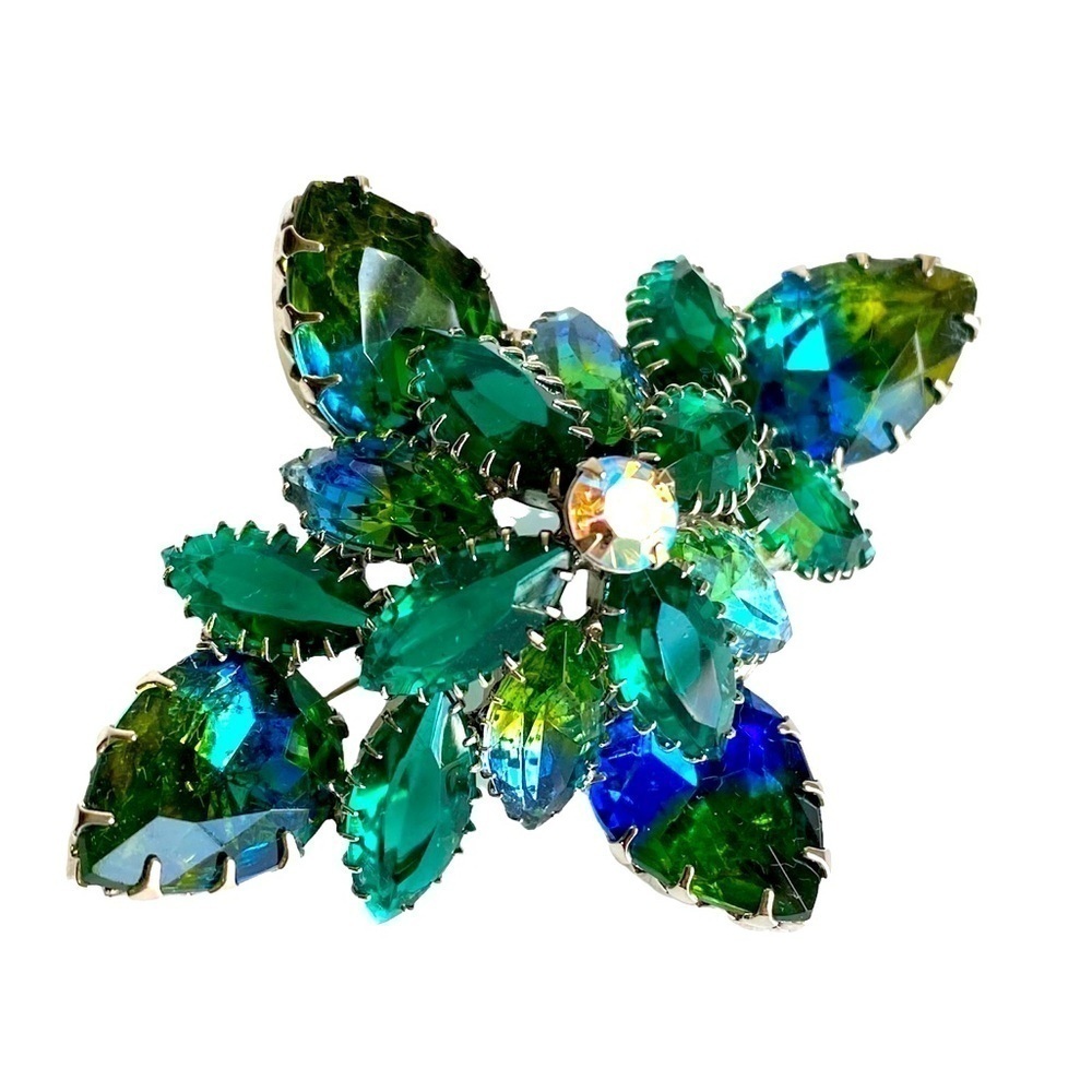 Vintage Green Blue Rhinestone Brooch Unsigned Juliana DE Aurora Borealis Crystal